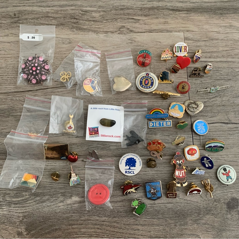 50 Label Pin Cities , Countries, Beer , Children’s Hearts , Companies, Hockey